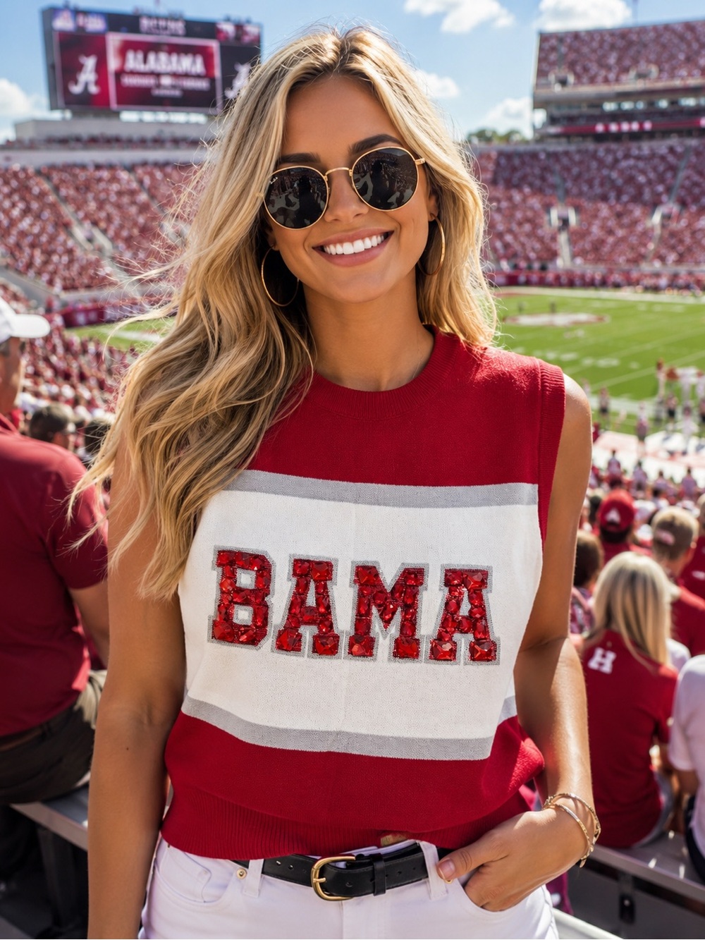 QUEEN OF SPARKLES Red & White 'BAMA' Sequin Knit Sleeveless Top